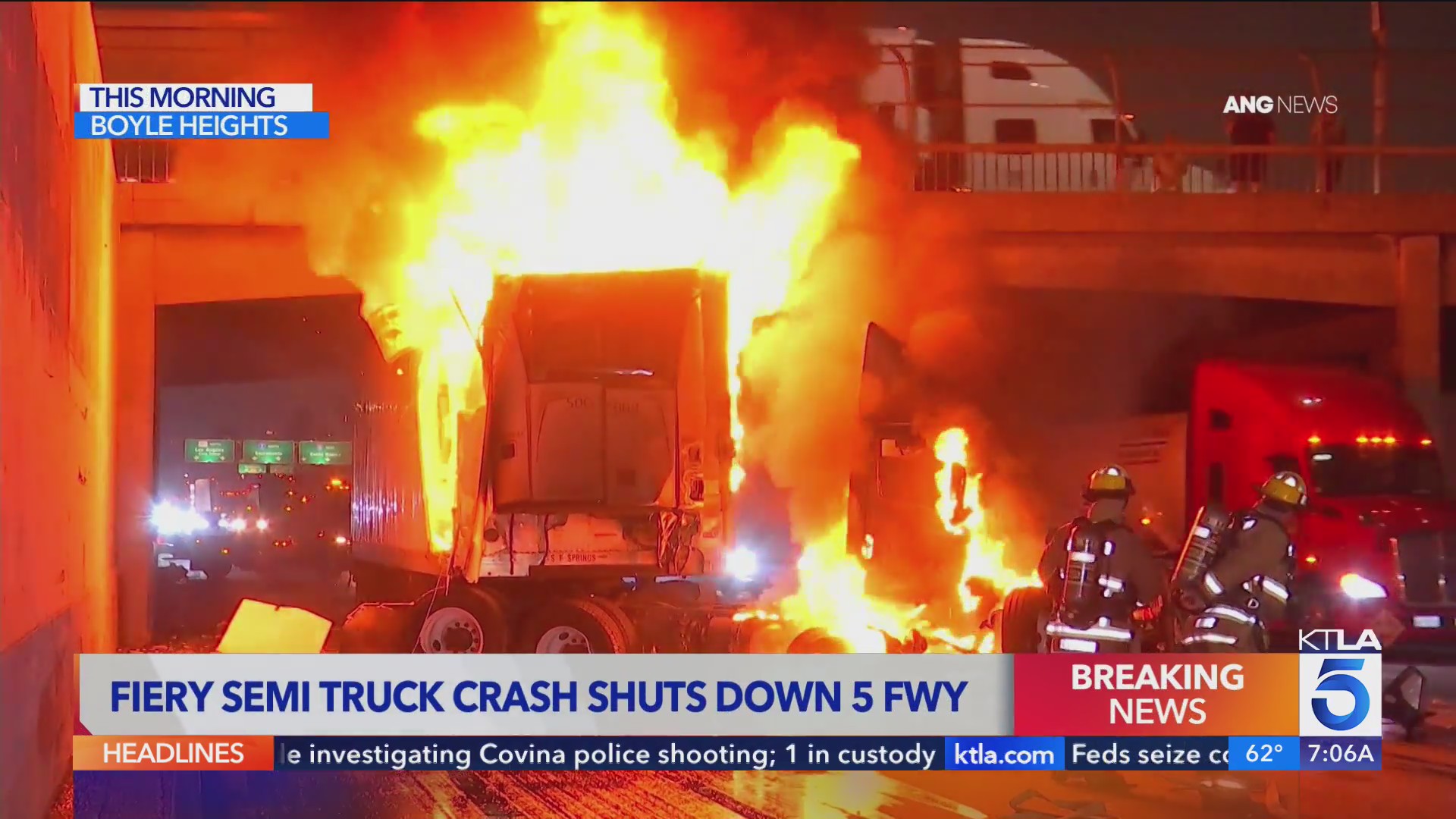 VIDEO: Semi-truck engulfed in flames after violent freeway crash in Los ...