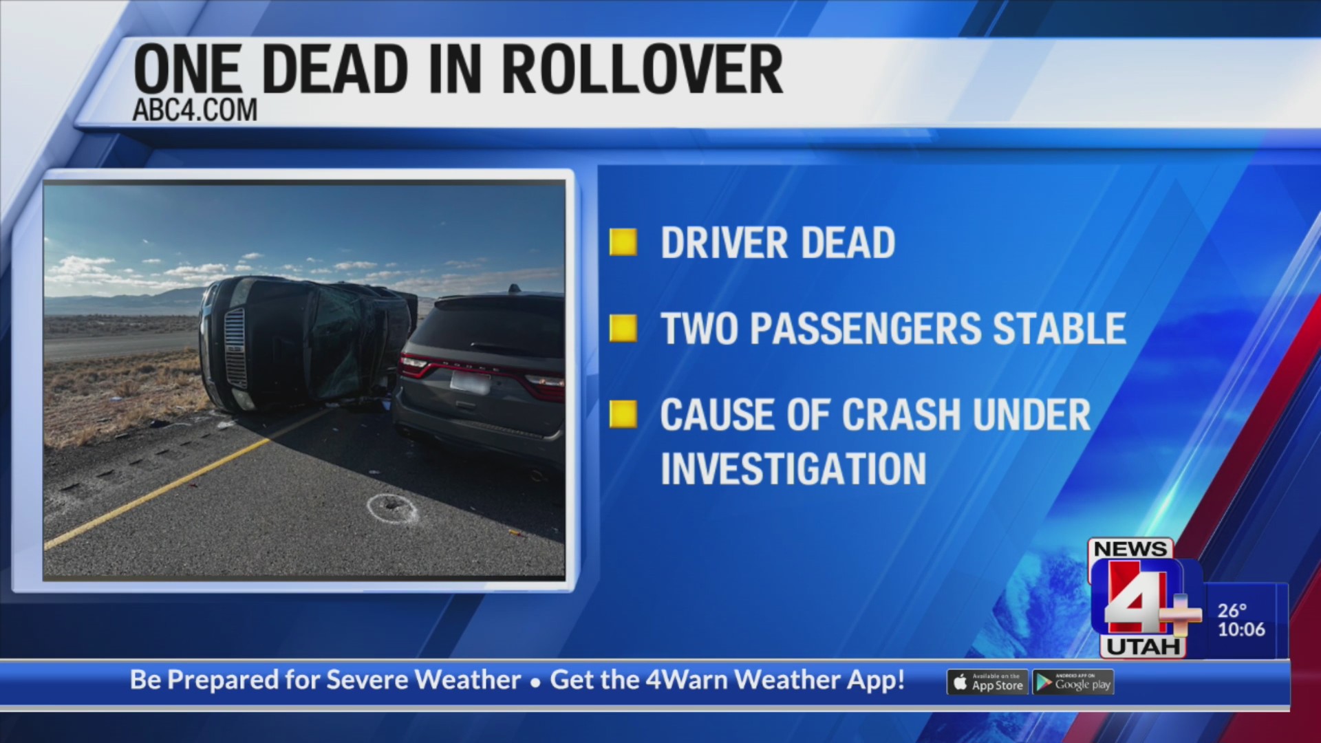 One dead after rollover crash in Tooele County – ABC4 Utah