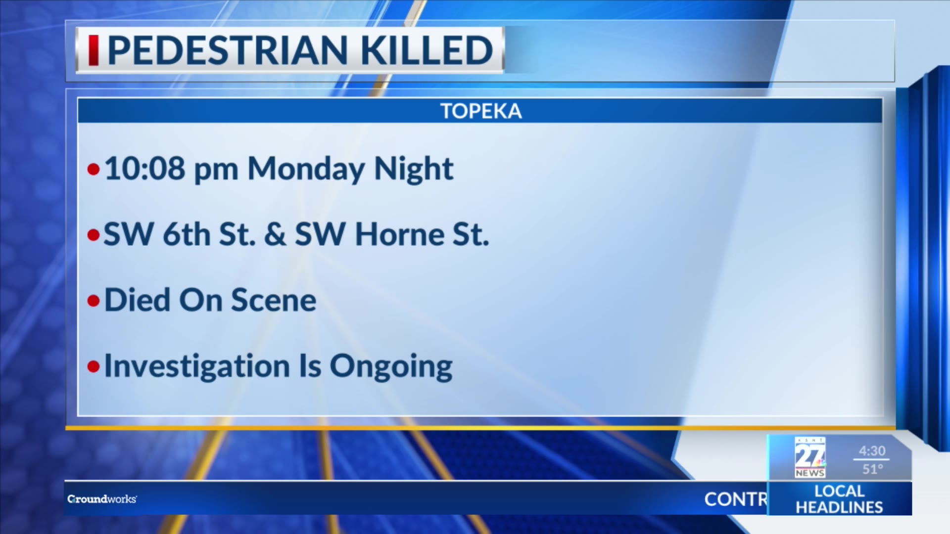 Pedestrian killed in late night central Topeka crash – KSNT 27 News