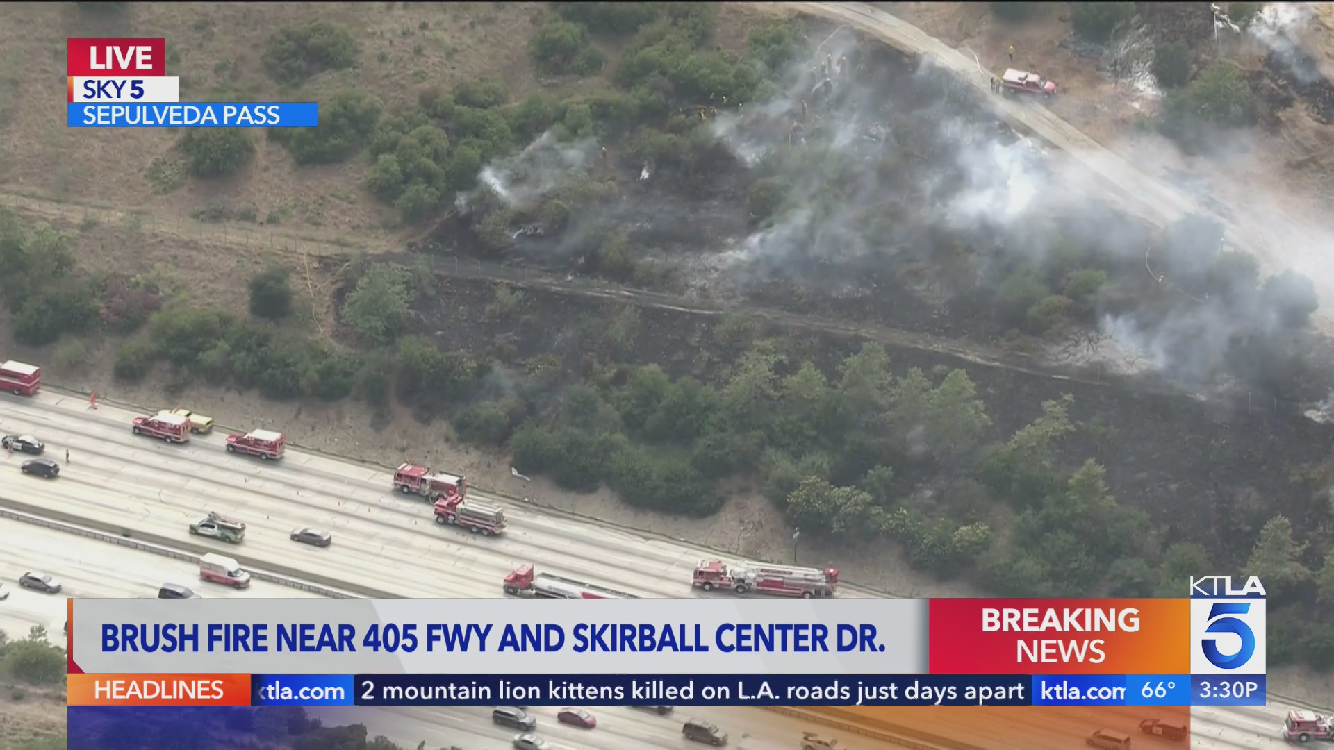 Crews battle brush fire near 405 Freeway in Sepulveda Pass – KTLA