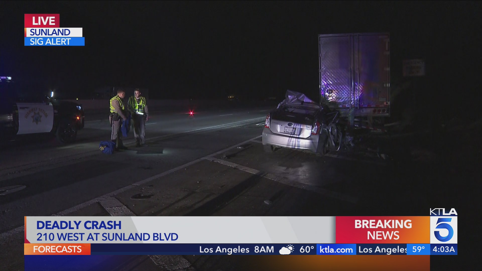 Driver killed in rear-end crash with semi on 210 Freeway in Sunland – KTLA