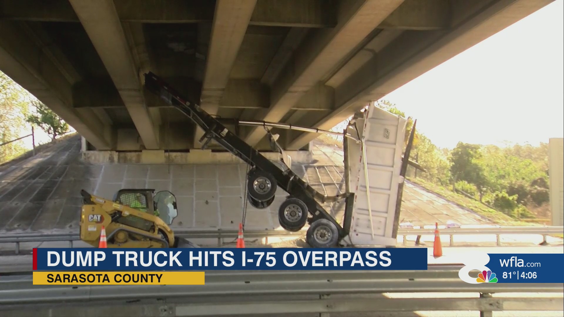 Dump truck crashes into I-75 sign, then overpass in Sarasota County – WFLA