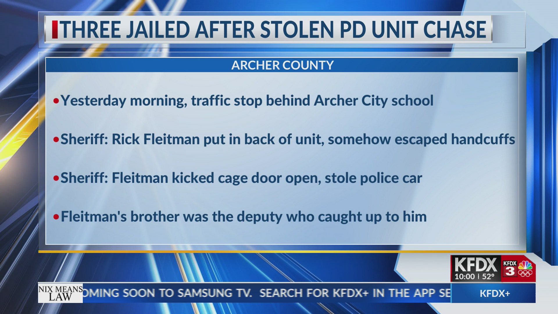 Three arrested after stolen police car chase in Archer City ...