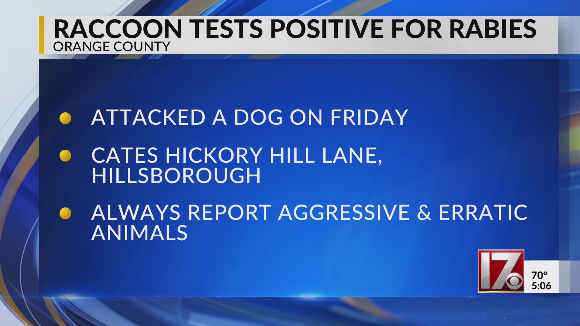 Raccoon tests positive for rabies in Orange County – CBS17.com