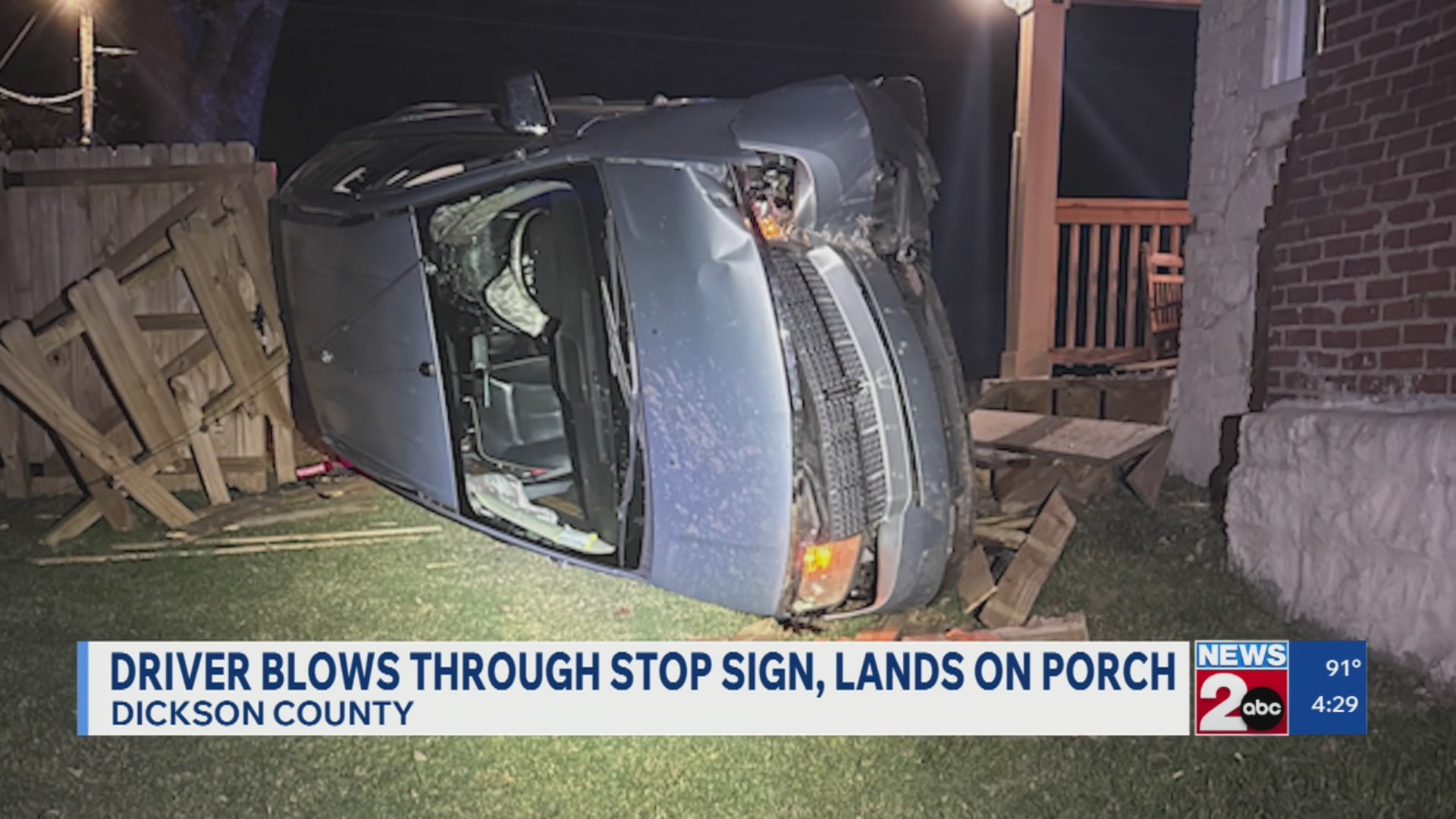 Driver blows through stop sign in Dickson County, lands on porch – WKRN ...