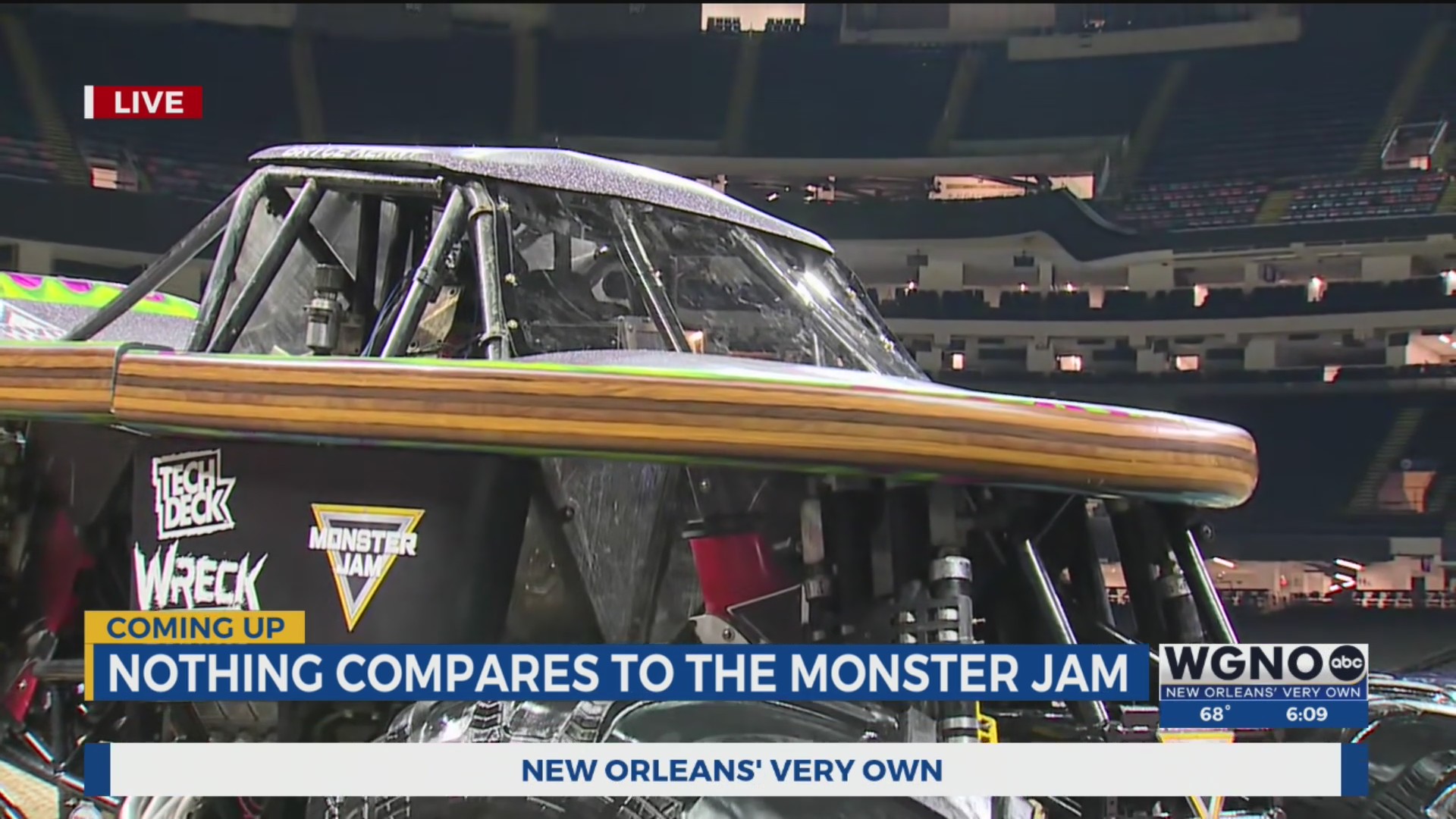 Bryce Kenny drives a Monster Jam skateboard in the Superdome – WGNO
