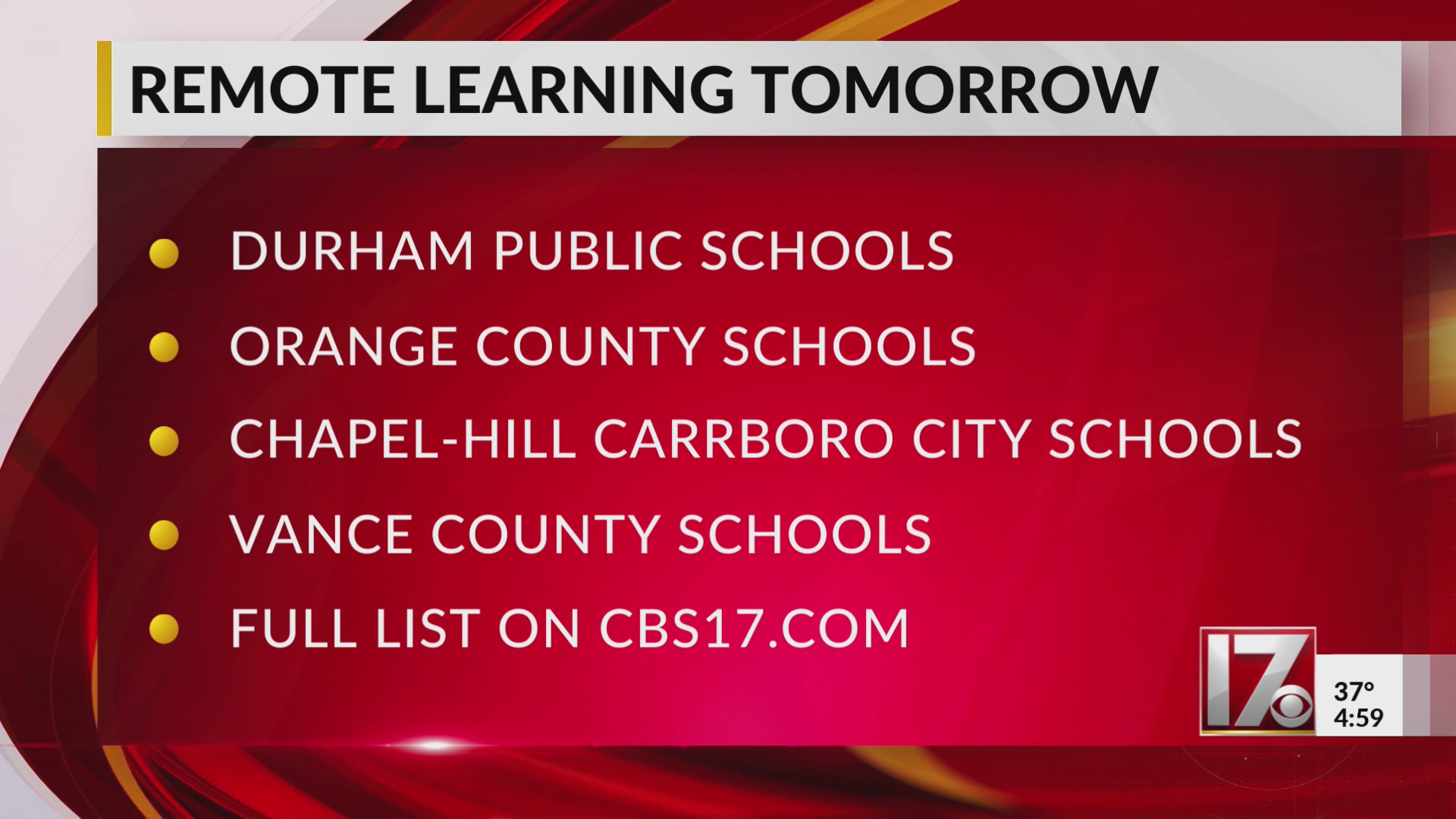 Some Central NC school districts on remote learning Wednesday – CBS17.com