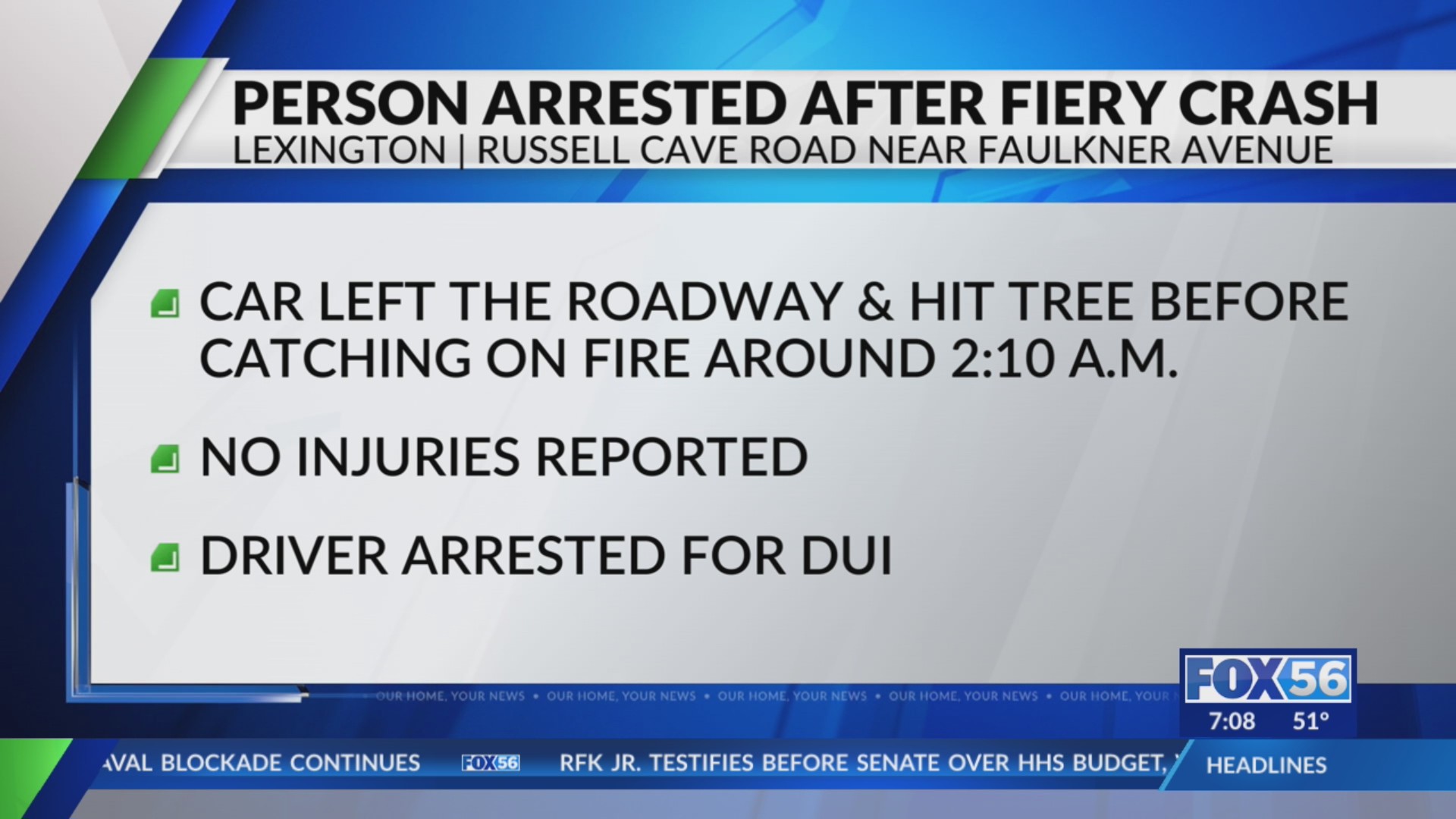 1 charged with DUI after fiery Lexington crash involving tree – FOX 56 News