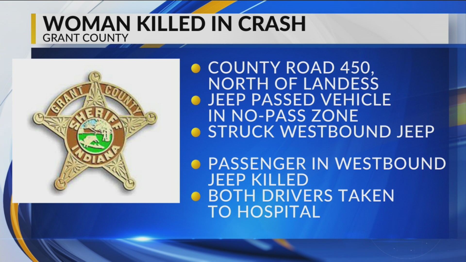 1 woman dead, 2 injured after Grant County crash – Fox 59