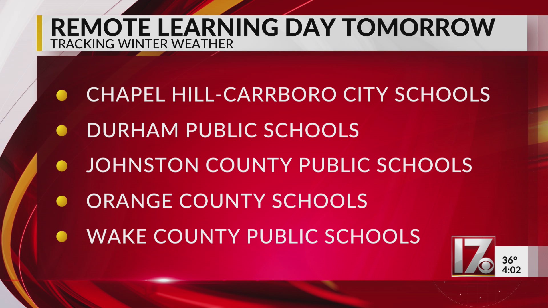 Central NC school districts on remote learning Tuesday – CBS17.com