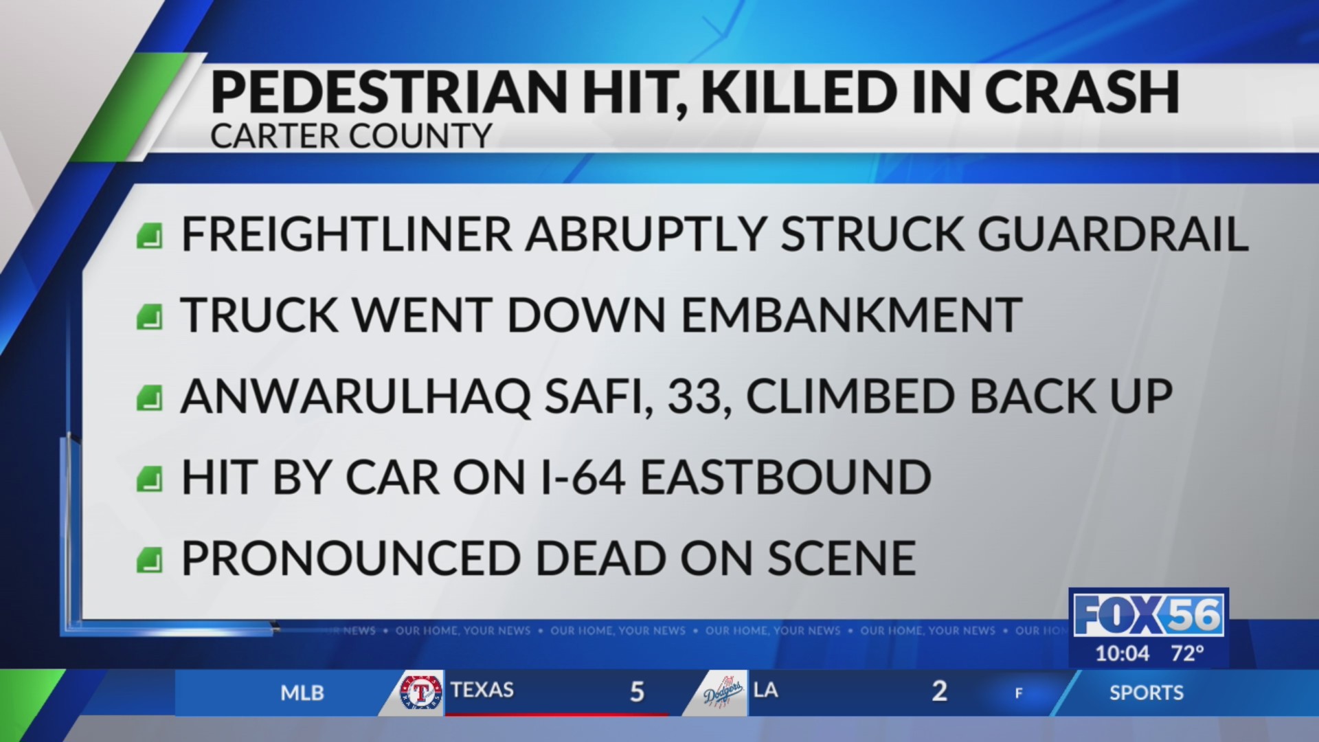 Pedestrian killed after crash on I-64 in Carter County – FOX 56 News