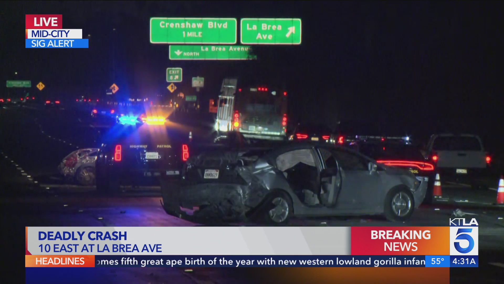 Fatal crash shuts down lanes on 10 Freeway in Central Los Angeles, image size:1920x1080